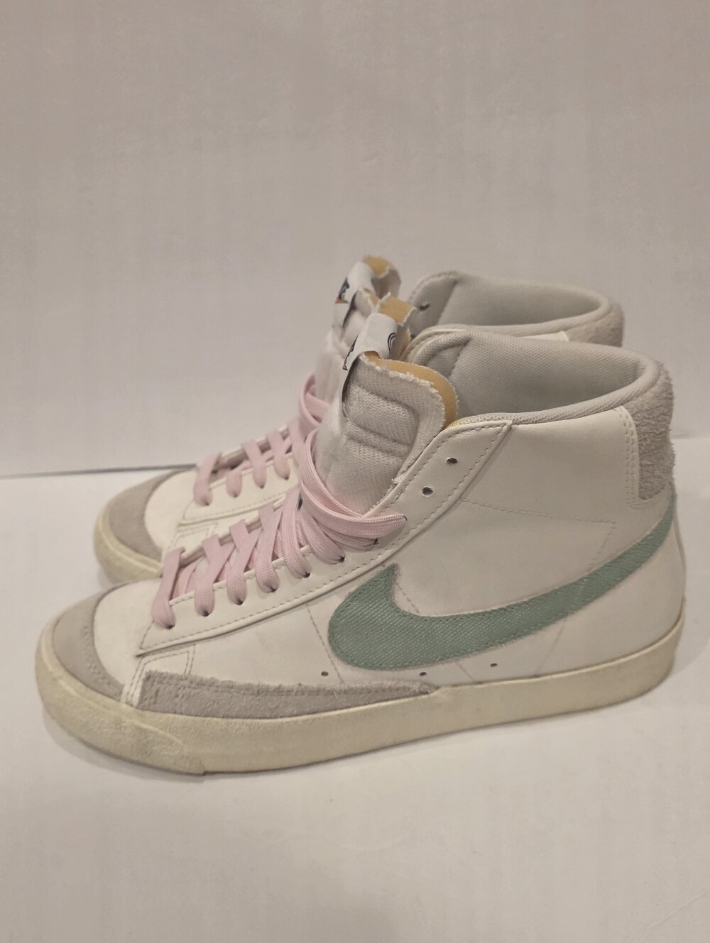 Nike Blazer Mid Women’s Sneakers — White with Mint Swoosh and Pink Laces